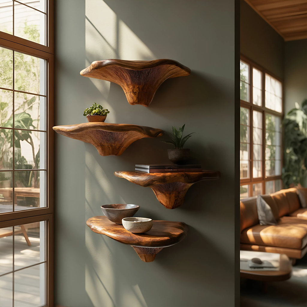 Étagère champignon artisanale en bois à bord naturel pour décoration de meuble SILDTTRMR007