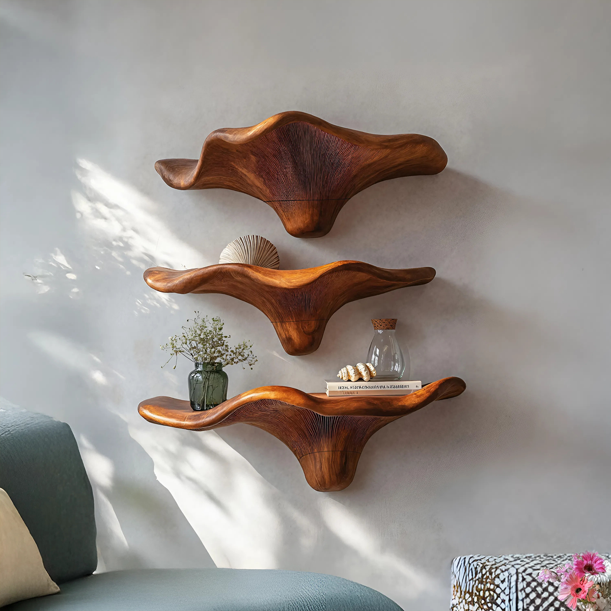 Étagère champignon en bois brut style Mid-Century pour décoration de salon SILDTTRMR005