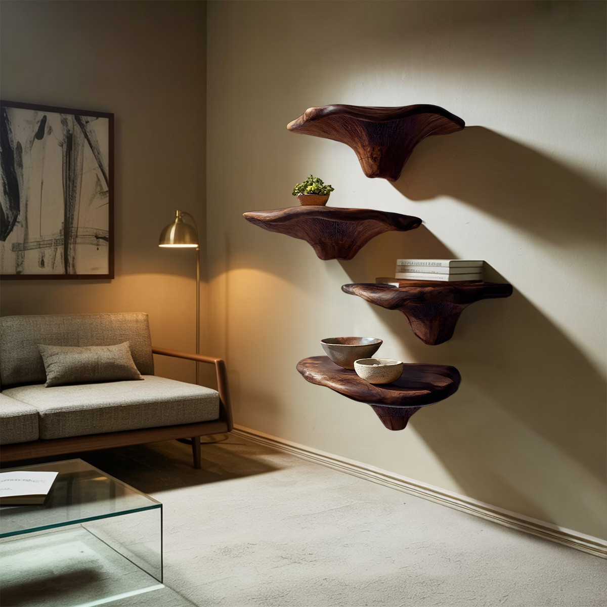 Étagère champignon artisanale en bois à bord naturel pour décoration de meuble SILDTTRMR007