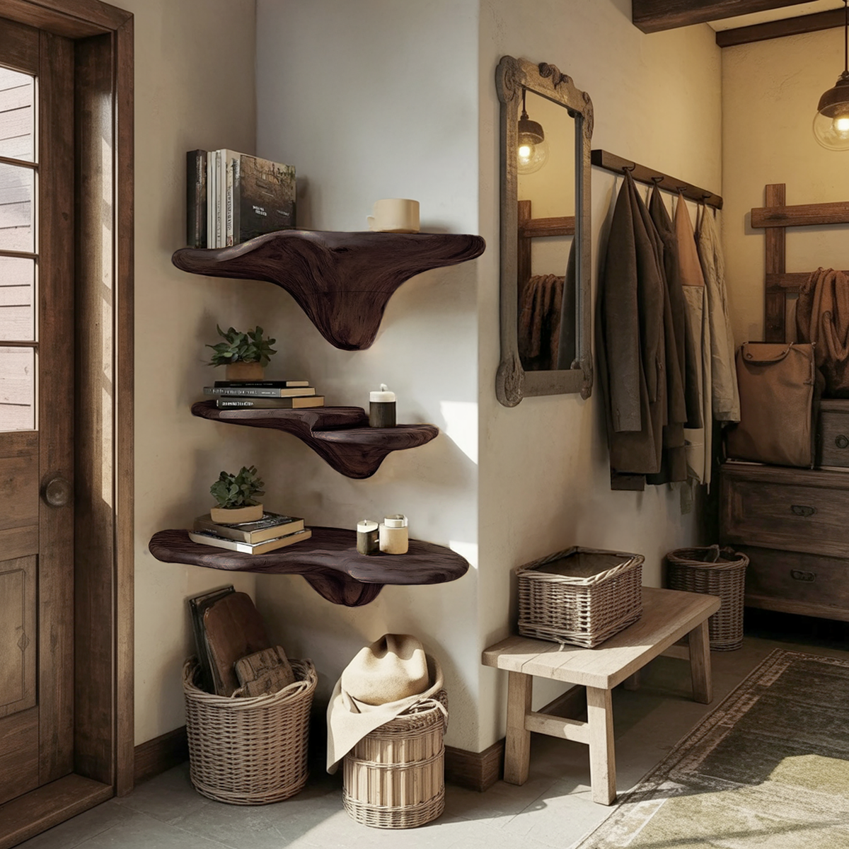 Étagère champignon artisanale en bois à bord brut pour décoration intérieure artistique SILDTTRMR015